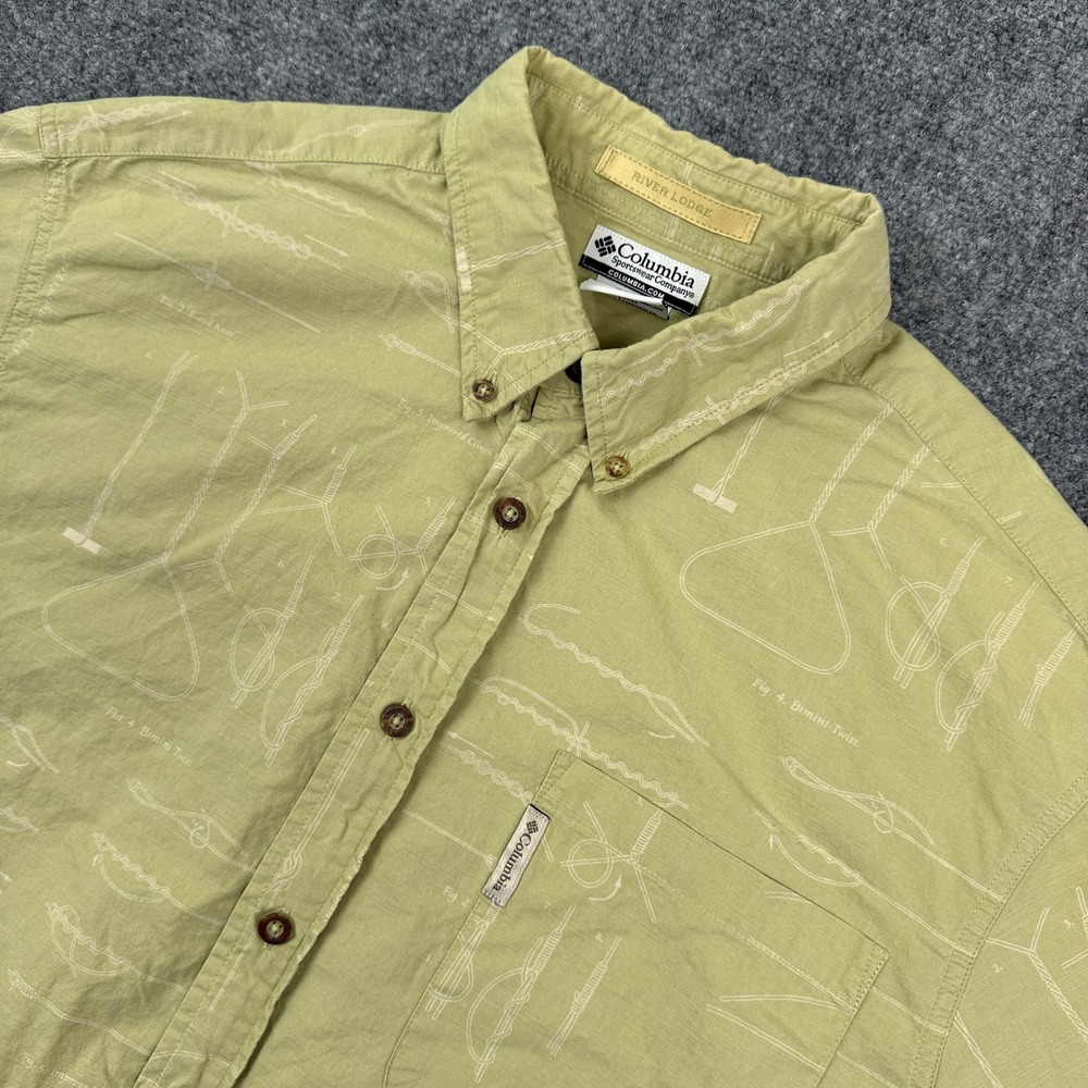 Columbia Mens River Lodge Shirt Size XL Fishing Line Knots Print Button Up Green